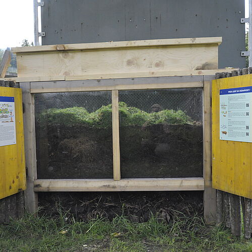Im Schaukompost kann man sehen, wie Gartenabfälle über die Monate zu wertvollem Hu-mus werden. Eine kindergerechte Beschreibung informiert über die Bodenbewohner und den Prozess der Humusentstehung.